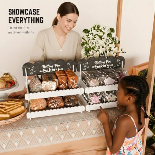 HOTCAN Wooden Cookie Display Stand with Chalkboard Sign for Bakers, Vendors, Craft Fairs | Pastry Display for Market Booths & Events | 2 Tiered Cookie Display for Muffins, Cakes, and Pastries (White) - Image 3