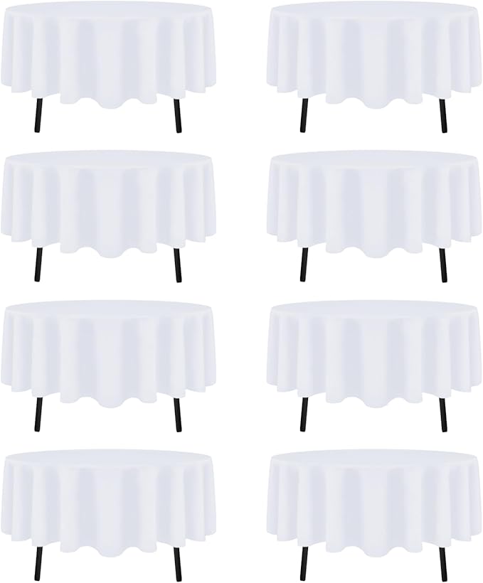 8 Pack White Round Tablecloth 60 Inch White Table Cloth (Fits 20-48 Inch Tables) Stain and Wrinkle Resistant Reusable and Washable Polyester Fabric for Buffet Wedding Party and Banquet