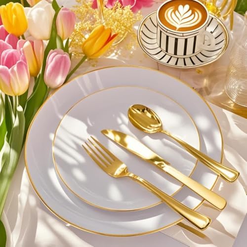 Festiva 350Pcs Gold Plastic Plates - White and Gold Dinnerware Set Disposable include 10" & 7" Plates,Cups,Silverware,Napkins -serve 50 Guests Perfect for Wedding& Easter&Birthday Party - Image 6