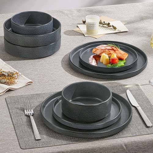 Herogo Dinnerware Dishes Sets with Salad Bowls, 24 Piece Plates and Bowls for 6, Dishwasher & Microwave Safe Ceramic Stoneware for Kitchen, Dark Gray - Image 5