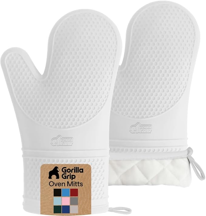 GORILLA GRIP BPA-Free Soft Silicone Oven Mitts, Heat Resistant and Waterproof Cooking Gloves, Thick Cotton Lining, Flexible Gripping for Baking Grilling, Kitchen Potholders Set of 2, 12.5x8.3, White