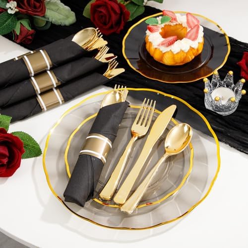 Supernal 30 Pack Pre Rolled Gold Plastic Silverware with Black Napkins - Image 3