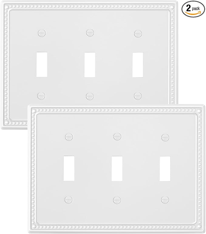 2-Pack Triple Toggle Light Switch Cover Plate, Pearls Decorative Switch Plate Covers, Pure White 3 Gang Metal Wall Plate, Corrosion Resistant