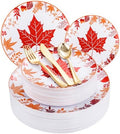 Liacere 150PCS Thanksgiving Plastic Plates- Include 30 Dinner Plates, 30 Dessert Plate,30 Forks, 30 Gold Spoons, 30 Gold Knives Perfect for Thanksgiving＆ Fall Plates by Liacere
