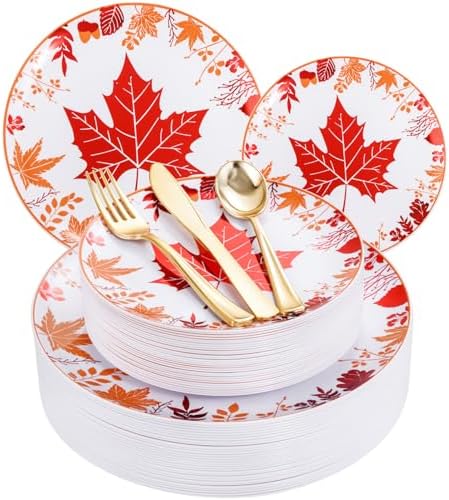 Liacere 150PCS Thanksgiving Plastic Plates- Include 30 Dinner Plates, 30 Dessert Plate,30 Forks, 30 Gold Spoons, 30 Gold Knives Perfect for Thanksgiving＆ Fall Plates by Liacere
