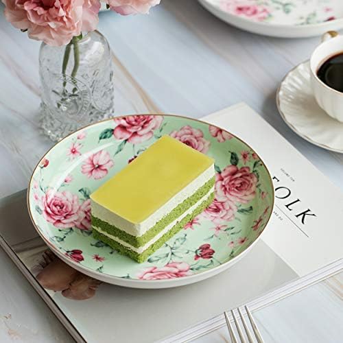 BTaT- Floral Dessert Plates Ceramic, Set of 4, 8 Inch, Assorted Colors with Golden Rim, Deep Porcelain Floral Plates Set of 4, Dishwasher Safe - Image 5