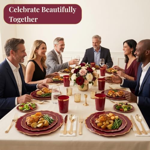 Burgundy & Gold Disposable Dinnerware Set Serves 25 People, 175 Pc Heavy Duty Plastic Plates, Cups, Gold Cutlery & Napkins, Elegant Wedding Dinnerware for Thanksgiving, Christmas & Parties - Image 2