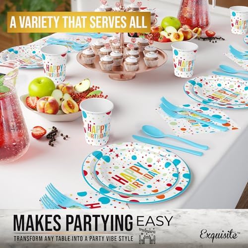 Exquisite 350 Pcs Blue Happy Birthday Plates and Napkins Set, Blue Birthday Plates Set, 50 Of Each 9" Dinner Plate, 7" Dessert Plate, 12 oz Cups, Napkins & Cutlery Plastic Dinnerware Set - Image 5