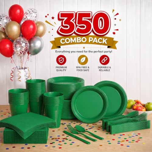 350 Pcs Emerald Green Plastic Plates for Party Emerald Green Disposable Plates Set 50 of Each 9 Dinner Plate Set 7 Dessert Plate Cups Napkins & Cutlery Plastic Dinnerware Set Exquisite - Image 2