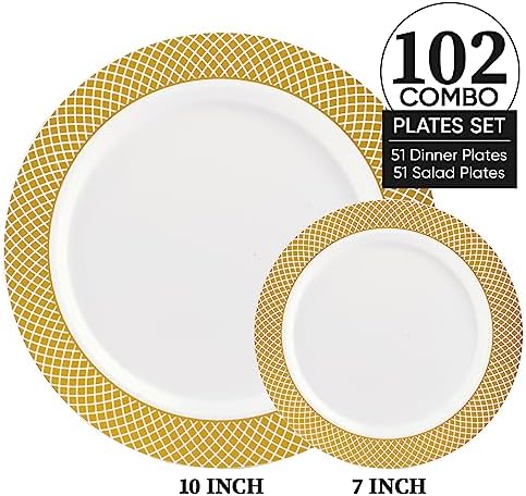 FOCUSLINE Gold Plastic Plates Set, 102 Disposable Plates with Gold Grid Rim - Image 6