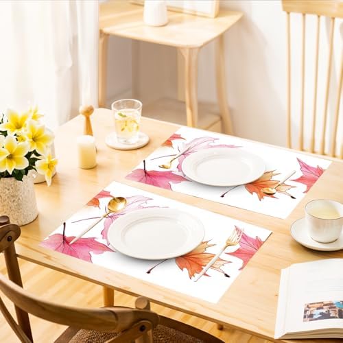 ANNA QUEEN Pink Autumn Maple Leaf Table Runner and Placemats Set of 6, 13"x72" Table Runner with 12"x18" Placemats, Elegant Fall Table Decor for Kitchen, Farmhouse, Seasonal Dining - Image 6