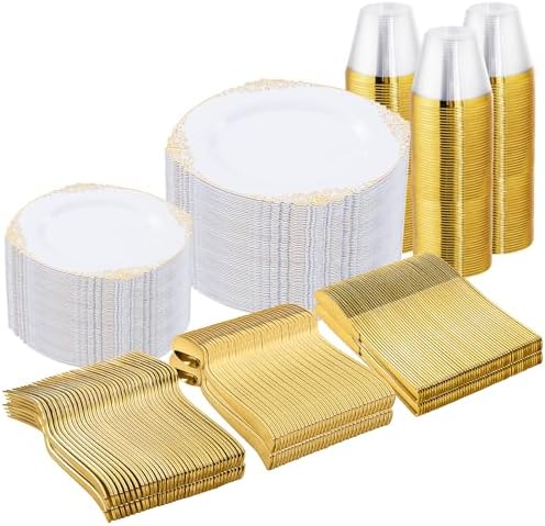 Nervure 600Pcs Gold Plastic Plates, Plastic Dinnerware Set for 100 Guests by Nervure