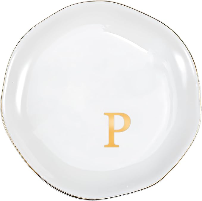 ProCase Ceramic Jewelry Tray, Initial Ring Dish Trinket Plate Engagement Gift, Small Personalized Monogram Ring Bowl for Wedding, White Decorative Jewelry Holder for Women Vanity -Letter P