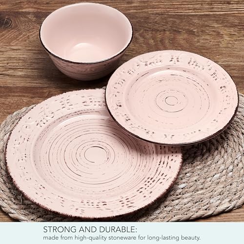 Pfaltzgraff Pink Trellis 12-Piece Dinnerware Set, Stoneware Plates and Bowls Sets for 4, Dishwasher and Microwave Safe, Rustic Garden-Inspired Design - Image 4