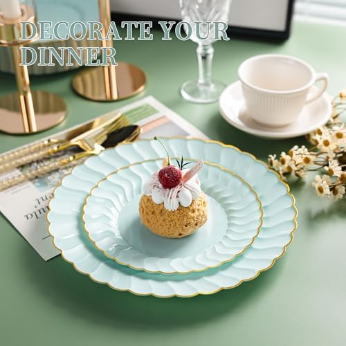 Lullaby 60PCS Sage Green Scalloped Plastic Plates with Gold Rim for Party - Image 4
