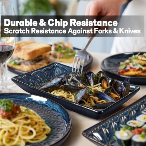 Artena Appetizer Plates Set of 4, 8.25" Embossed Ceramic Rectangular Dessert Plates, Deep Lipped Edges, Microwave & Dishwasher Safe, Salad Sushi Snack Serving Plates (Blue, Wheat Leaf) - Image 3