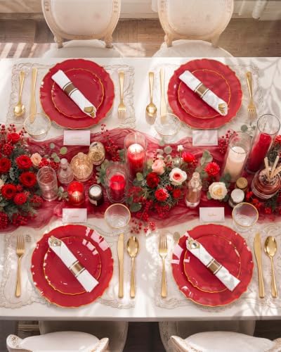 bUCLA 175PCS Red Plastic Plates - 25 Guests Gold Rim for Party, Wedding - Image 4