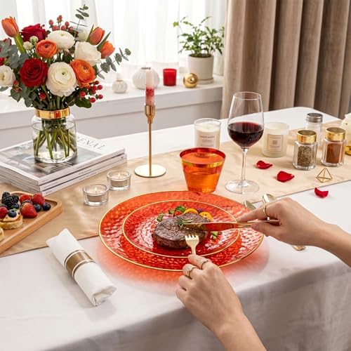 Rubtlamp 700Pcs Red Gold Plastic Dinnerware Set, Hammered Red Gold Plates, Fancy Plastic Plates Include 100 Dinner Platos, 100 Salad Platos, 100 Cups,100 Pack Pre Rolled gold plastic Silverware - Image 5