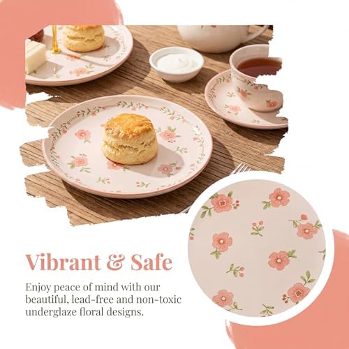 Romantic Pink Peach Blossom Ceramic Dinner Plates, Set of 6, 10.25-Inch Large Serving Plates for Kitchen, Microwave, Oven & Dishwasher Safe - Image 6