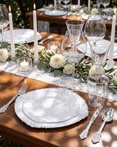 Nervure 175Pcs Silver Plastic Plates, Plastic Dinnerware Set for 25 Guests - Image 4