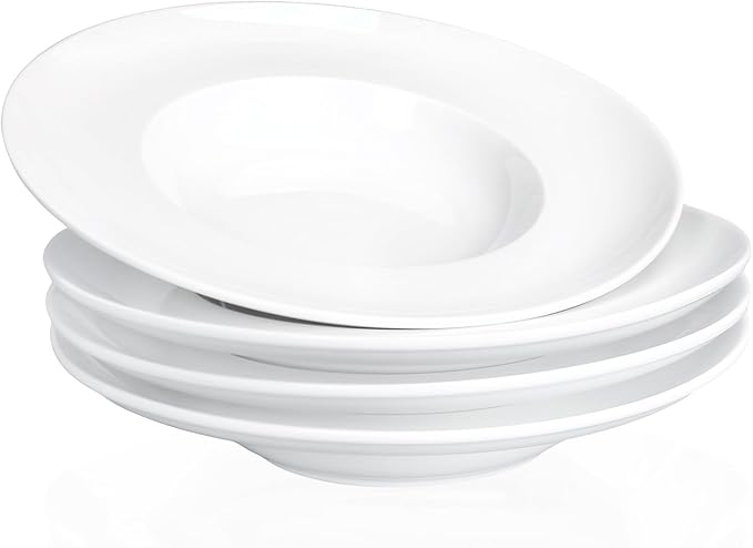 Pasta Plates with Rim 17.1 oz, Soup Bowl Pasta Bowl Set of 4, White Shallow Bowl Plate, Ceramic Wide Rimmed Soup Bowl, Best choice for high-end restaurants, hotels, and foodies, 11.3 Inch