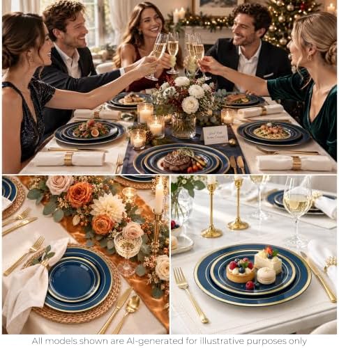 BESTVIP 100PCS Navy Blue with Gold Plastic Plates - Image 3