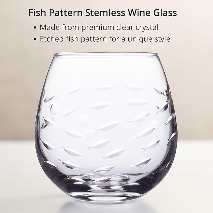 SHOSHIN Handmade Crystal Hand-cut Stemless wine glass (Fish set of 4)