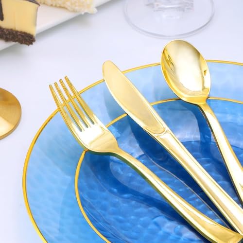 150 Pcs Blue Plastic Dinnerware Set, Disposable Plates for 25 Guests - Image 3