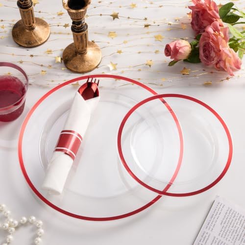 realluck 350 PCS Clear Red Plastic Dinnerware Set for 50 Guests, 100 Disposable Plates for Party, 50 Pre Rolled Napkins with Red Silverware, 50 Cups for Graduation - Image 3