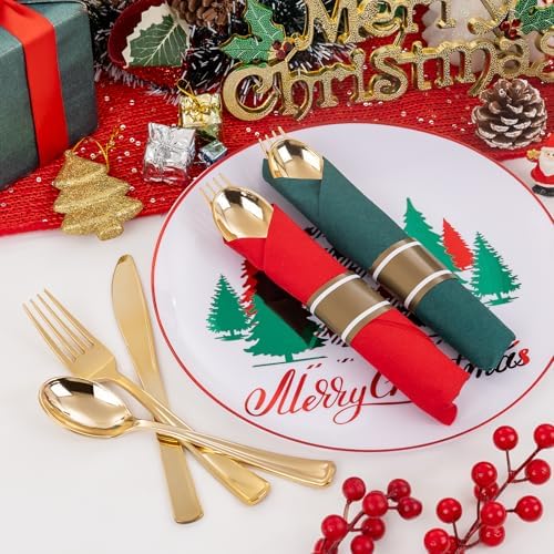 Supernal 240pcs Pre Rolled Plastic Silverware with Red and Green Napkins - Image 3