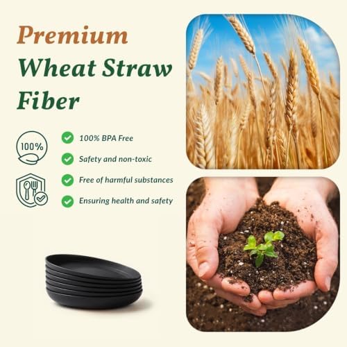 Homienly Wheat Straw Deep Plates 8 Inch Unbreakable Dessert Plates for Kitchen, Camping Microwave and Dishwasher Safe Plate Set for Bread & Butter, Appetizer Reusable Plastic Plates Set of 6 (Black) - Image 3