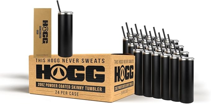 Hogg 20 oz Skinny Case (24 Units) - Black, Powder Coated Tumblers for Laser Engraving, Engravable Tumblers Bulk, Stainless Steel Cups Bulk, Insulated Cups with Lids and Straws