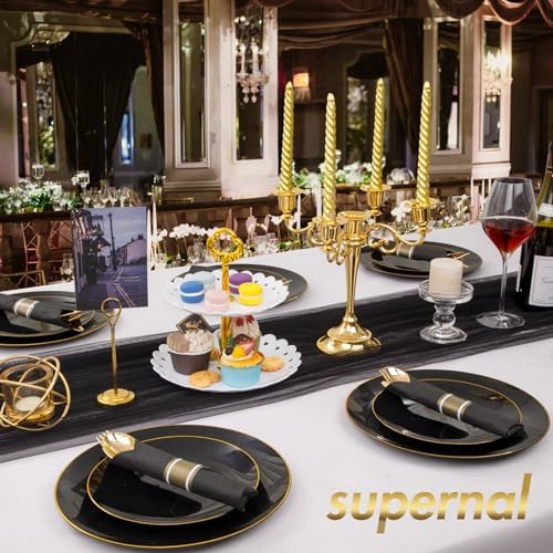Supernal 60 Pack Pre Rolled Gold Plastic Silverware with Black Napkins Set - Image 5