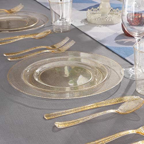 WELLIFE 300PCS Gold Glitter Plastic Plates, Gold Plastic Dinnerware Includes: 50 Dinner and 50 Dessert Plates, 150 Cutlery, 50 Cups for Party - Image 4