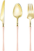 Lullaby 90pcs Gold Plastic Silverware, High End Disposable Cutlery with Pink Handle Include 30 Forks, 30 Spoons, 30 Knives, Elegant Disposable Silverware for Wedding, Party, Gathering and Daily Use