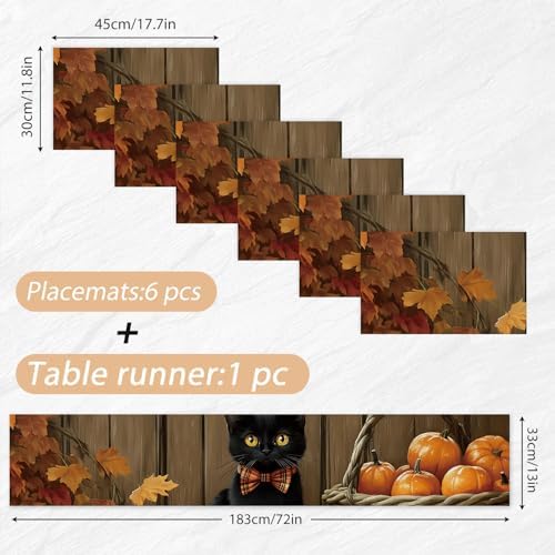 ANNA QUEEN Black Cat Table Runner and Placemats Set of 6, 13"x72" Table Runner with 12"x18" Placemats, Fall Pumpkin and Cat Dining Table Set for Halloween Kitchen Decor - Image 2
