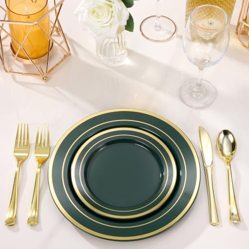 BESTVIP 600 Pcs Green Plastic Dinnerware Set with Gold Trim for 100 Guests,200 Green Plastic Plates with Gold Trim, 200 Gold Forks, 100 Spoons, 100 Knives for Party, Wedding, Birthday & Christmas - Image 5