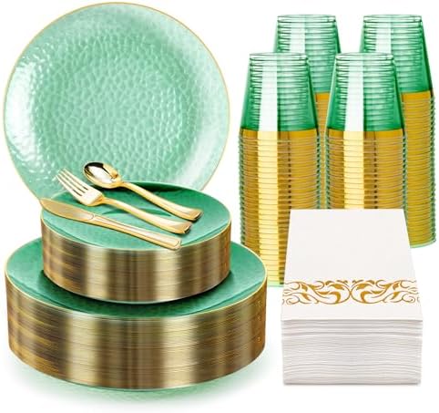 350PCS Green Gold Plastic Dinnerware Set for 50 Guests by Unknown