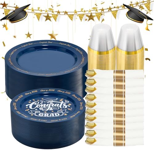 Goodluck 350 Piece Graduation Navy Blue Plastic Dinnerware Set by GoodLuck