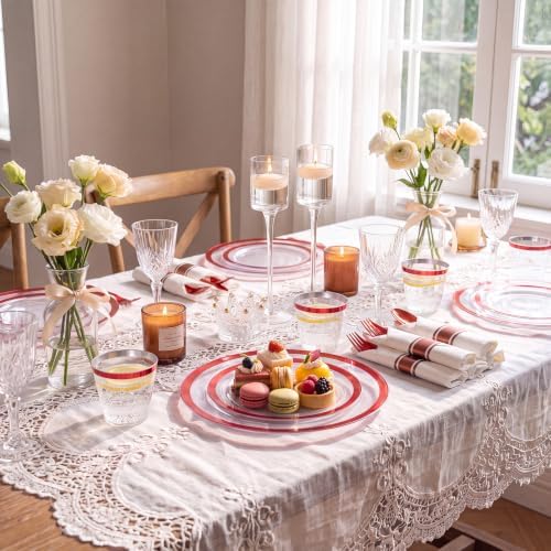 I00000 210 Pcs Red Plastic Plates Set, Disposable Dinnerware Set for Party - Image 2