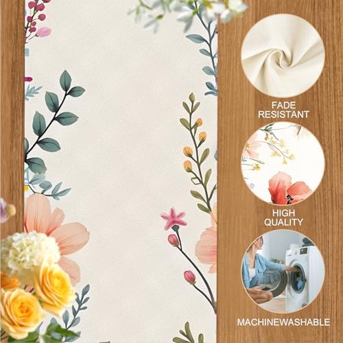 ANNA QUEEN Spring Floral Table Runner and Placemats Set of 6, 13"x72" Table Runner with 12"x18" Placemats, Watercolor Flower Dining Table Decor for 4 to 6 People, Summer Kitchen Decoration - Image 4