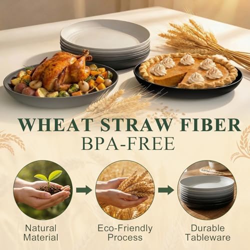 Kitchen Plates Set for 8, Unbreakable Wheat Straw Plates 11 Inch, Alternative to Plastic Plates Reusable, Microwavable Large Plates for Kitchen, Outdoor, Dinner, Party - BlackGrey - Image 3