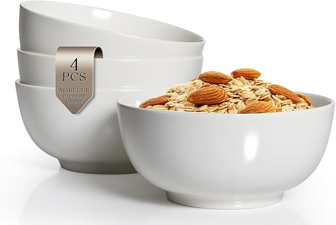 AISBUGUR 26 OZ Soup Bowls,6Inch Ceramic White Bowls Set of 4 for Kitchen,Cereal Bowls for Soup, Cereal, Oatmeal, Fruit, Rice,Bowls Set for Dishwasher & Microwave Safe