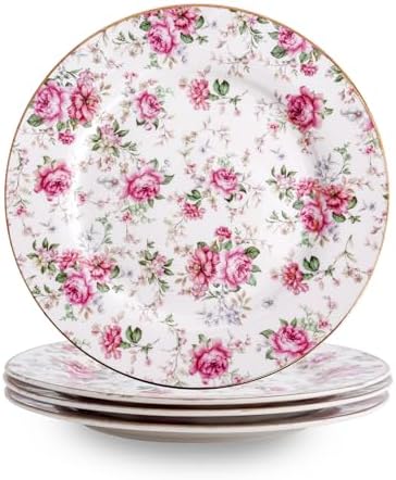 Agyiuns Porcelain Floral Plates, 8in Set of 4 Round Small Appetizer Dessert Plates for dessert，bread (White with flowers) by Agyiuns