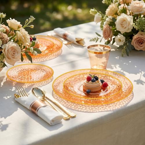 Rubtlamp 700Pcs Orange Gold Plastic Dinnerware Set, Hammered Clear Gold Plates, Fancy Plastic Plates Include 100 Dinner Platos, 100 Salad Platos, 100 Cups, 100 Pack Pre Rolled gold plastic Silverware - Image 5
