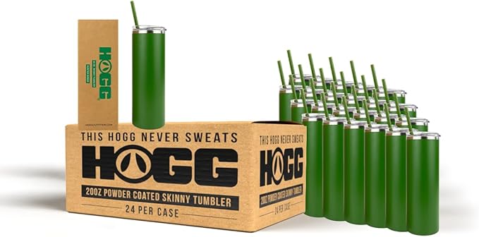 Hogg 20 oz Skinny Case (24 Units) - Hunter Green, Powder Coated Tumblers for Laser Engraving, Engravable Tumblers Bulk, Stainless Steel Cups Bulk, Insulated Cups with Lids and Straws
