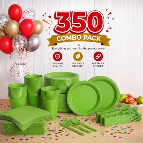 350 Pcs Lime Green Plastic Plates for Party Lime Green Disposable Plates Set 50 of Each 9 Dinner Plate Set 7 Dessert Plate Cups Napkins & Cutlery Plastic Dinnerware Set Exquisite - Image 2