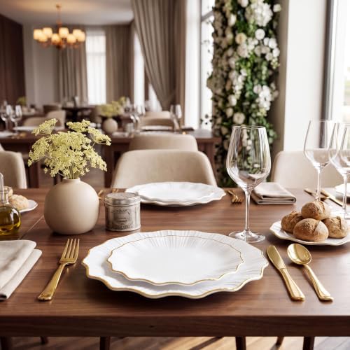 Rubtlamp Heavyduty 60Pcs Gold Plastic Plates - White Scalloped Plates with Gold Trim - Fancy plastic plates- 30 Dinner & 30 Dessert Platos for Party, Wedding (30 Guests) - Image 5