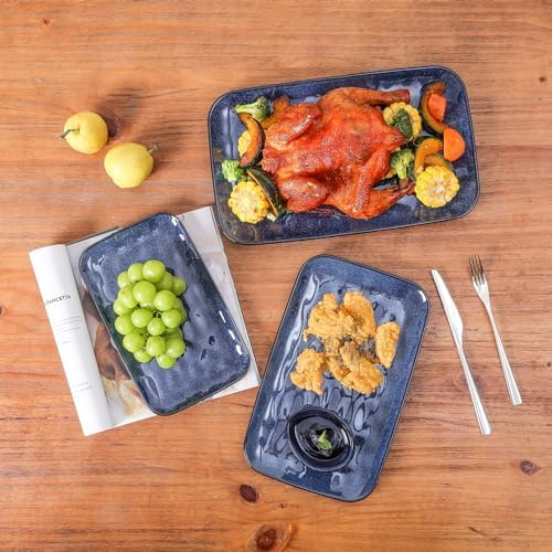 vicrays Ceramic Rectangle Serving Platters - 14" 12" 10" Porcelain Serving Trays Plates for Party BBQ Appetizers Sushi Dessert - Microwave Oven and Dishwasher Safe - Set of 3 Blue - Image 2