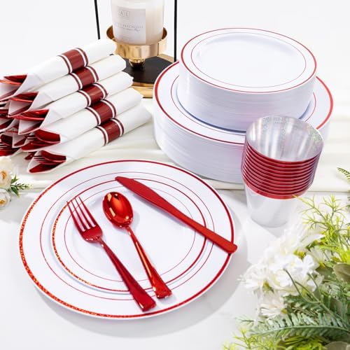 WELLIFE 350-Piece Red Plastic Party Dishware Set - 50 Dinner Plates, 50 Dessert Plates, 50 Cups, 50 Plastic Cutlery - Image 3